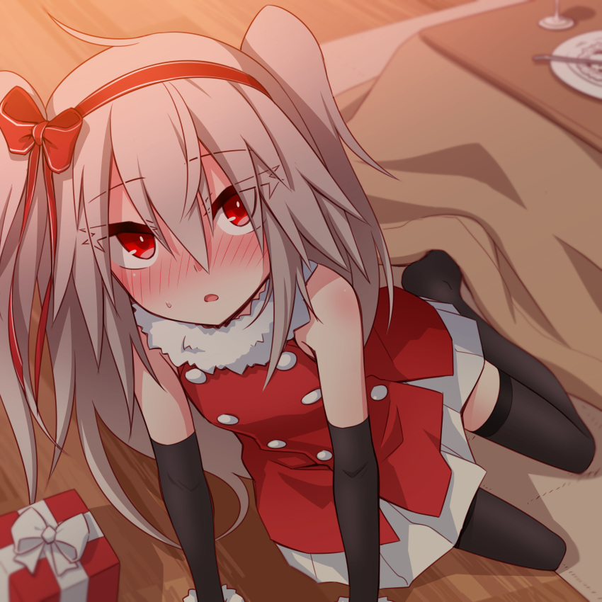 1girl, absurdres, black_legwear, blurry, blush, bow, box, christmas