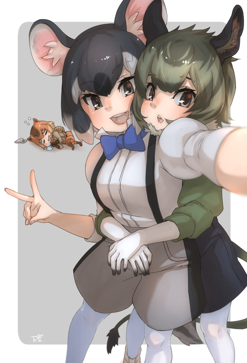 3girls, :d, =_=, animal_ear_fluff, animal_ears, bangs, black_hair, blue_bow