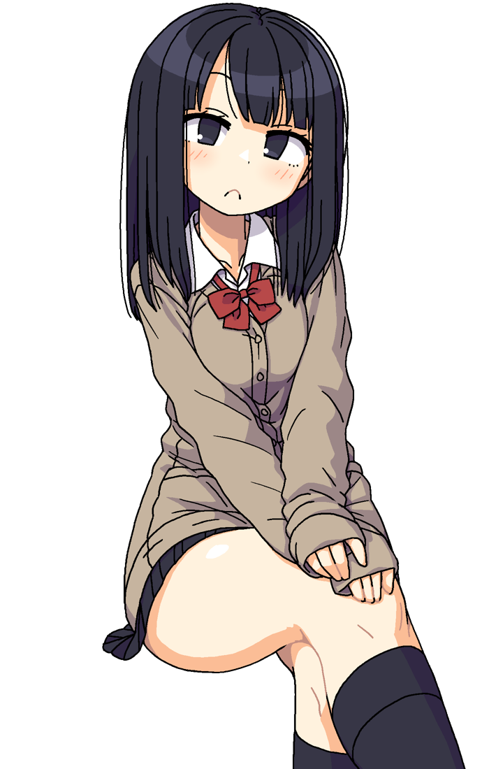 1girl, :<, black_eyes, black_hair, black_legwear, cardigan, crossed_legs, invisible_chair, kneehighs, long_hair, maruput, original, school_uniform, sitting, sleeves_past_wrists, solo, white_background