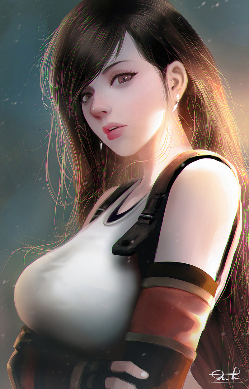 1girl, artist_name, bangs, bare_shoulders, black_gloves, breasts, brown_eyes, brown_hair
