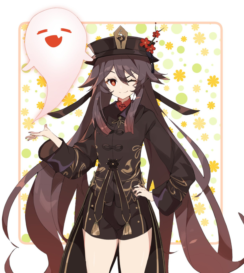 1girl, ;), black_shorts, brown_hair, chinese_clothes, cowboy_shot, genshin_impact, ghost