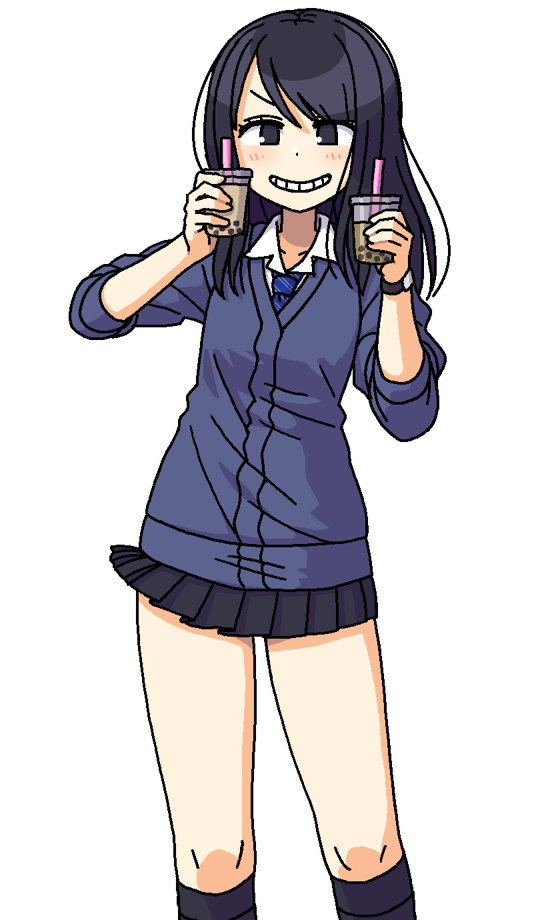 1girl, black_eyes, black_hair, black_legwear, bubble_tea, cardigan, grin, holding