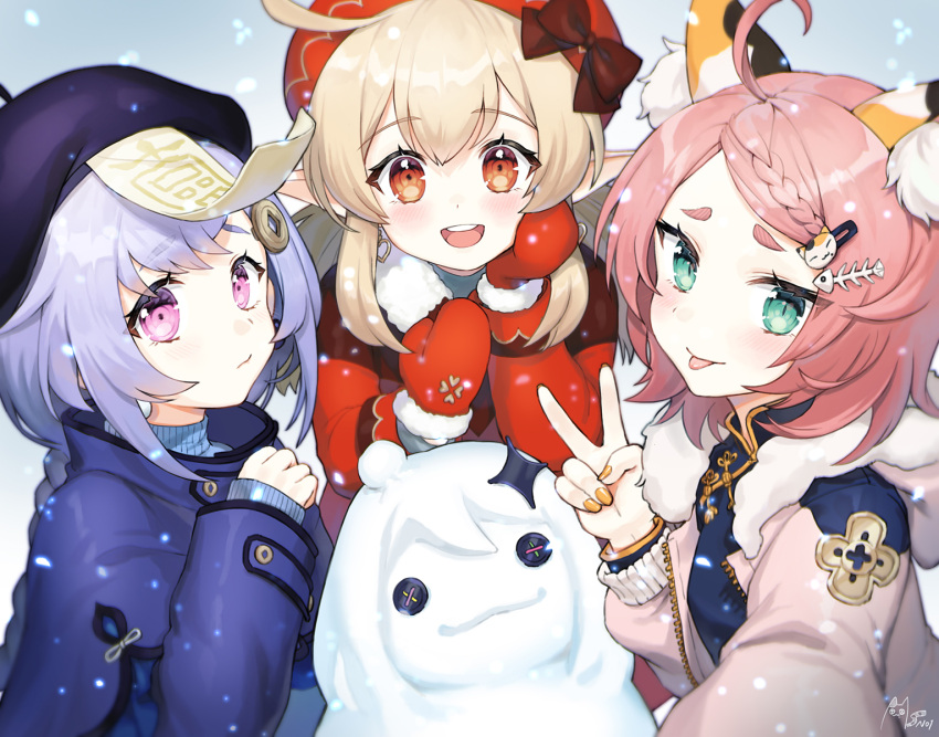 4girls, :p, ahoge, blonde_hair, blush, braid, cabbie_hat, cat