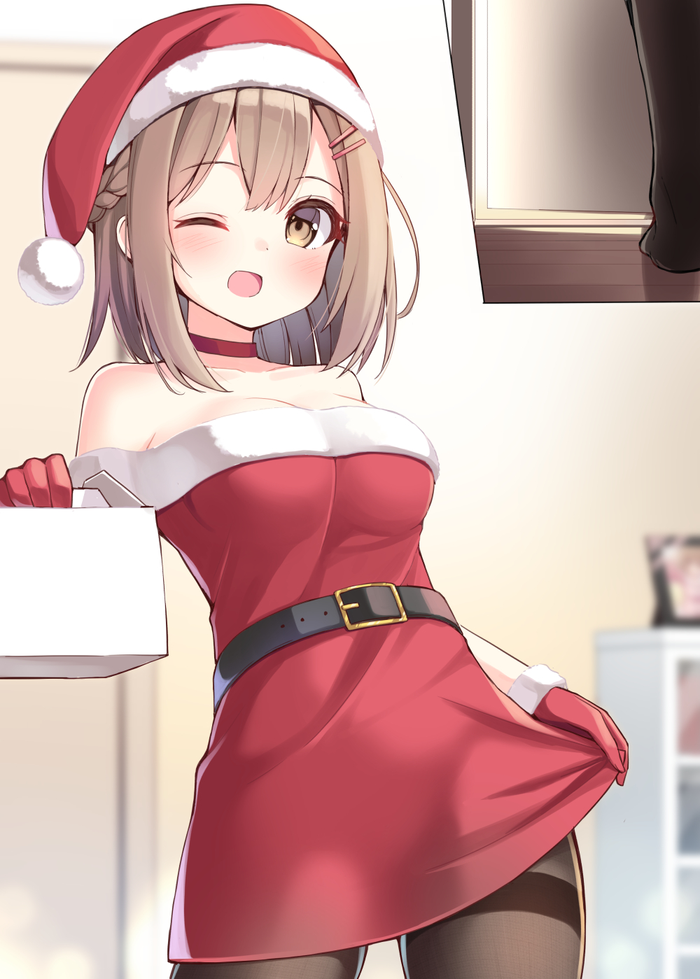 1girl, ;d, bare_shoulders, belt, black_belt, black_legwear, blurry, blurry_background