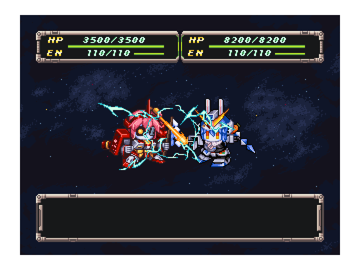 armor, battle, beam_saber, blue_hair, carrot_hair_ornament, chibi, commentary_request, dialogue_box, electricity, energy_sword, fake_screenshot, food_themed_hair_ornament, full_body, gameplay_mechanics, hair_ornament, heads-up_display, health_bar, holding, holding_weapon, hololive, komatsu_matsuko_(comatsuco), mecha, mikodam, orange_eyes, parody, parody_request, pekodam, pink_hair, pixel_art, shoulder_armor, space, super_robot_wars, sword, virtual_youtuber, weapon