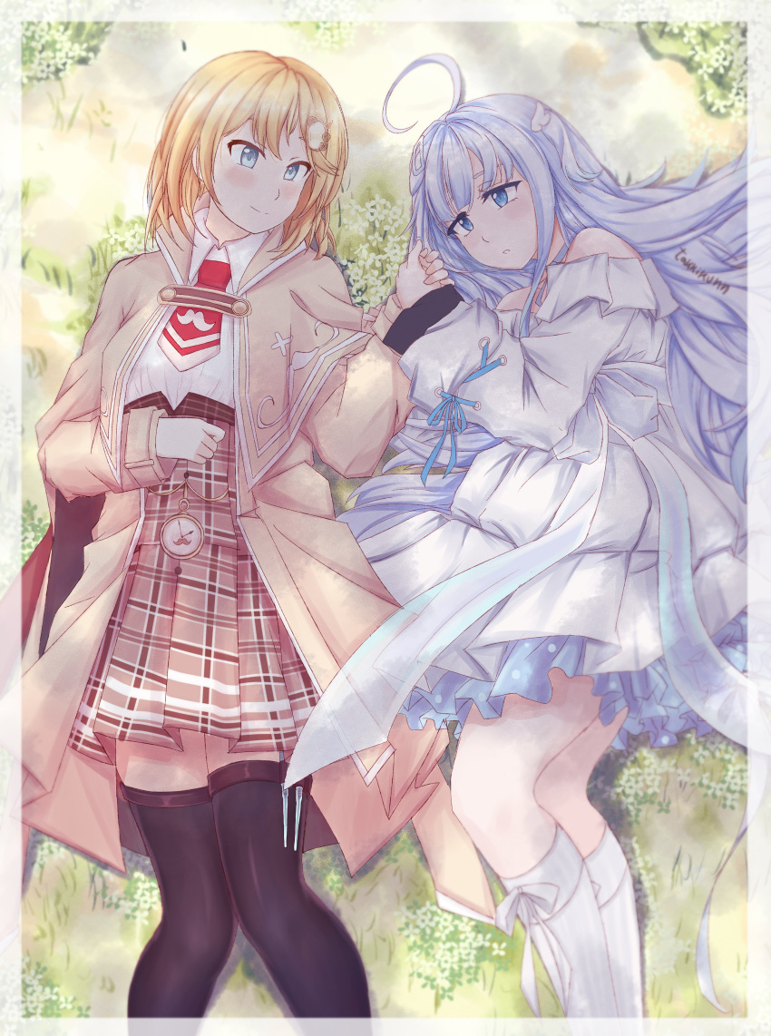 2girls, absurdres, ahoge, amatsuka_uto, bangs, bare_shoulders, black_legwear, blonde_hair