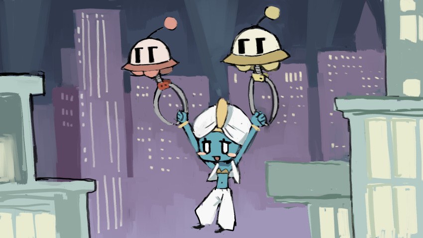 ankh_(hataraku_ufo), blue_skin, colored_skin, flying_saucer, hataraku_ufo, highres, jobski, midriff, multiple_boys, smile, space_craft, tsukumizu_yuu, turban, ufo