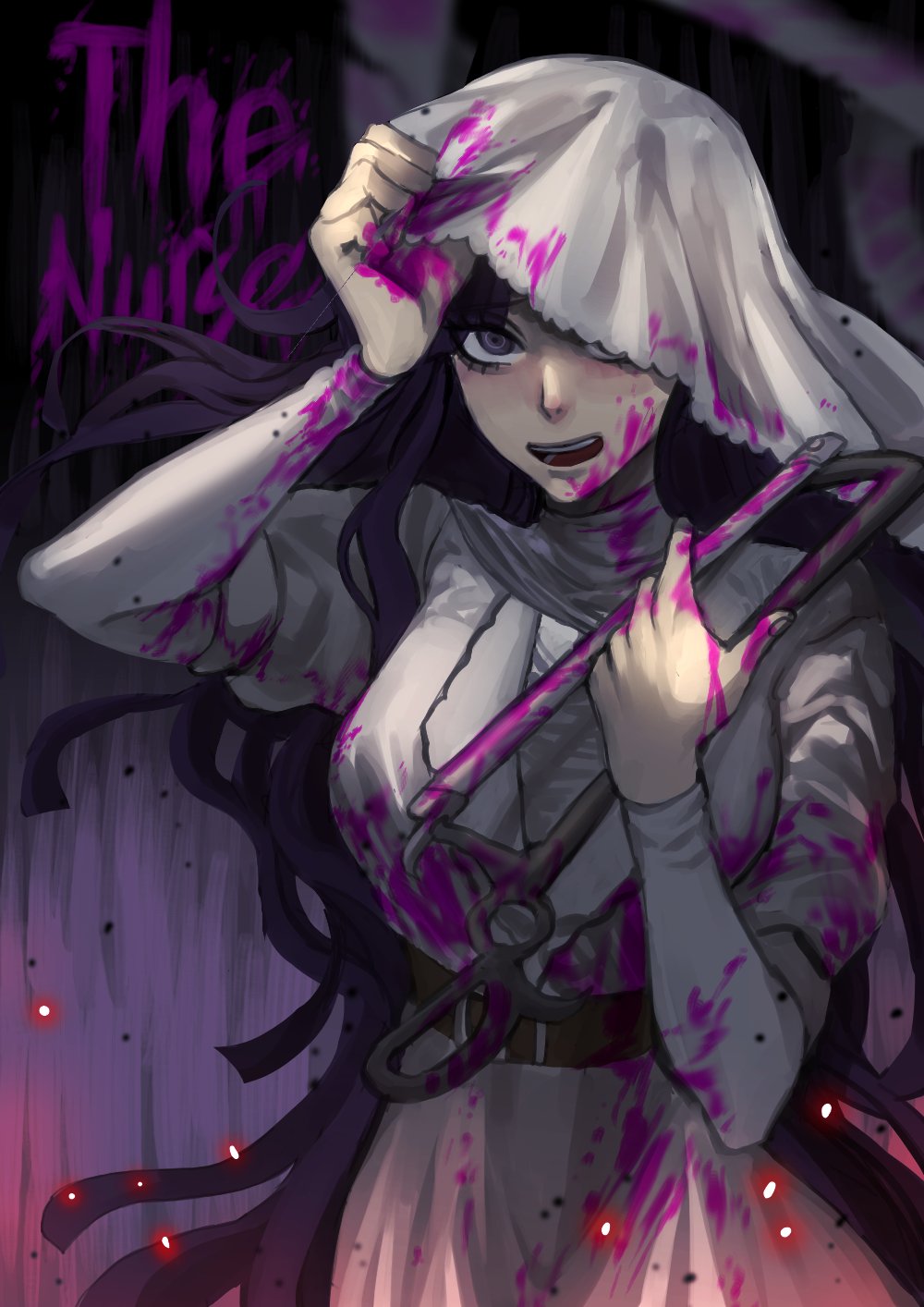 1girl, bangs, black_hair, blood, blood_on_face, bloody_clothes, bonesaw, breasts