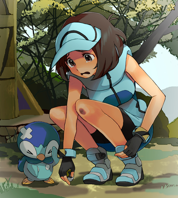 1girl, ace_trainer_(pokemon), bandaid, bandaid_on_head, black_gloves, blue_footwear, blue_headwear, brown_hair