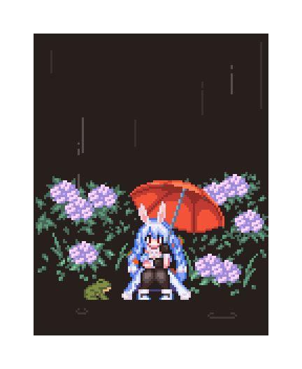 1girl, animal_ears, animated, animated_gif, black_gloves, blue_hair, braid, brown_eyes, carrot, flower, food_themed_hair_ornament, frog, gloves, hair_ornament, holding, holding_umbrella, hololive, komatsu_matsuko_(comatsuco), looking_at_viewer, pixel_art, rabbit_ears, rain, sitting, solo, squatting, twin_braids, umbrella, usada_pekora, virtual_youtuber