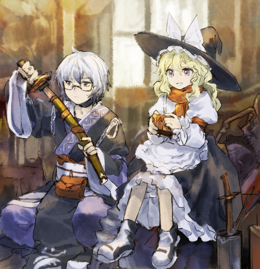 1boy, 1girl, :|, ahoge, alternate_eye_color, apron, arm_garter, arm_strap