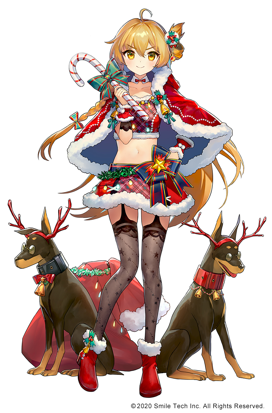 1girl, ahoge, ainy, animal, antlers, blonde_hair, boots, candy