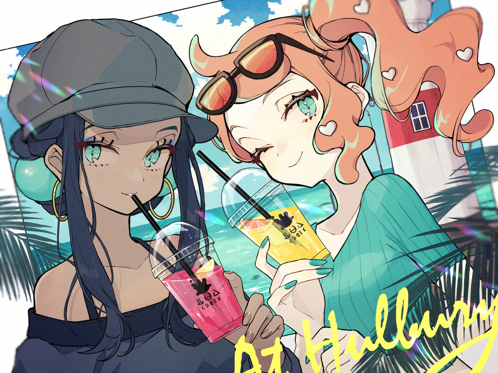 2girls, ;), ahoge, akakura, aqua_nails, aqua_shirt, black-framed_eyewear, black_hair