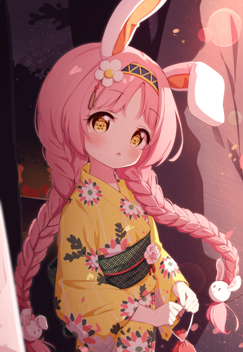 1girl, :o, animal_ears, bangs, black_hairband, blush, braid, brown_eyes