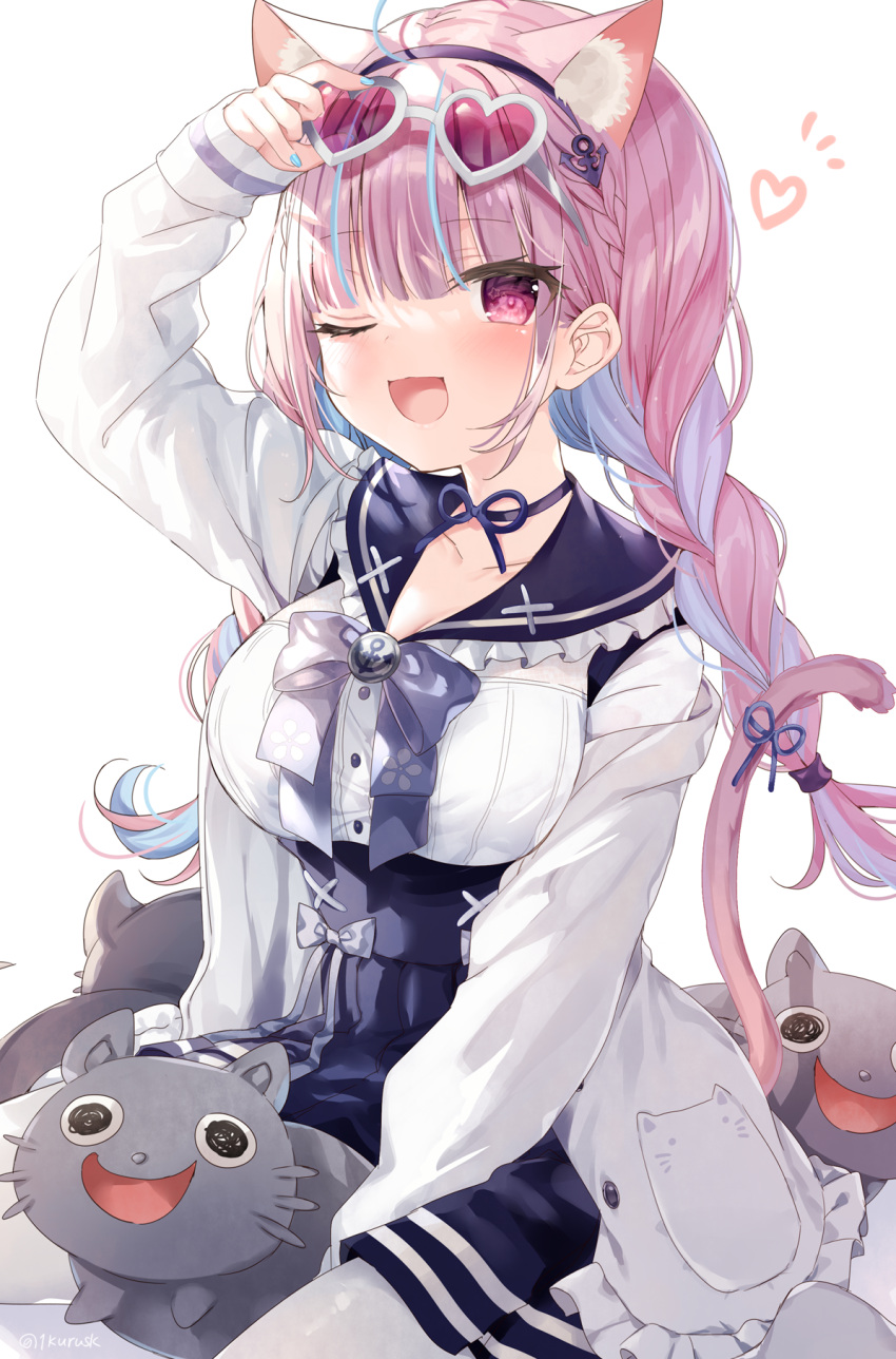 1girl, ;d, anchor_symbol, animal_ear_fluff, animal_ears, arm_up, bangs, black_hairband