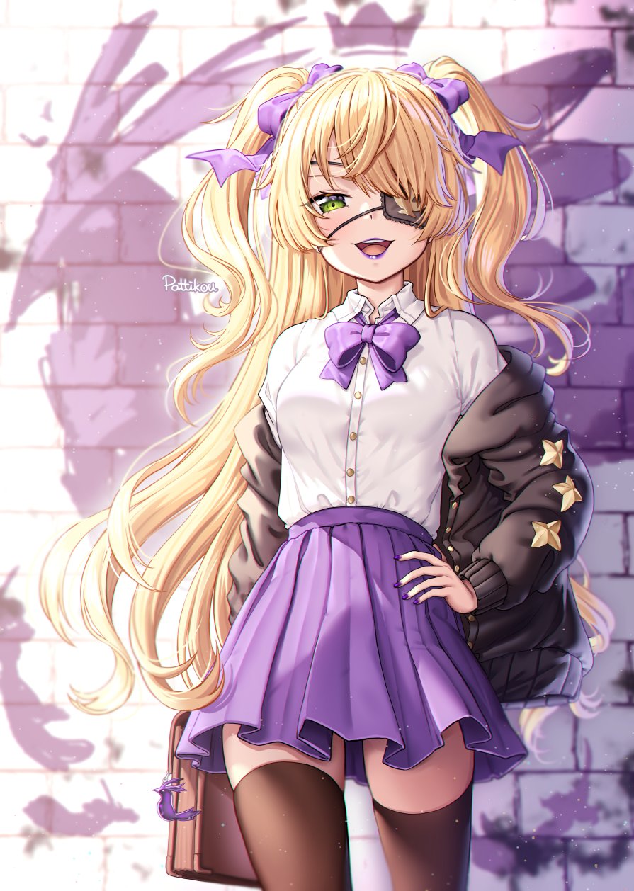 1girl, bird, black_eyepatch, bow, chuunibyou, eyepatch, fischl_(genshin_impact), genshin_impact