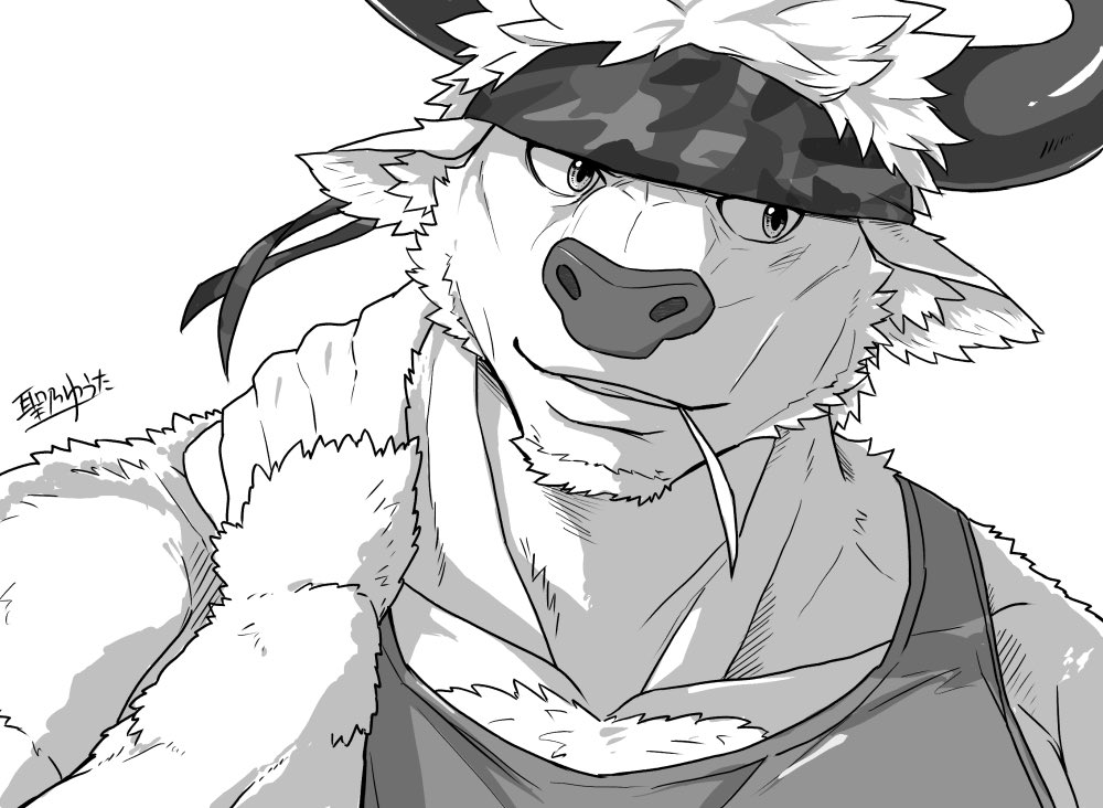 1boy, animal_ears, camouflage, camouflage_headwear, cow_ears, furry, greyscale, hijirino_yuuta, looking_to_the_side, male_focus, minotaur, mint, monochrome, muscular, muscular_male, shennong_(tokyo_houkago_summoners), short_hair, solo, tank_top, tokyo_houkago_summoners, upper_body