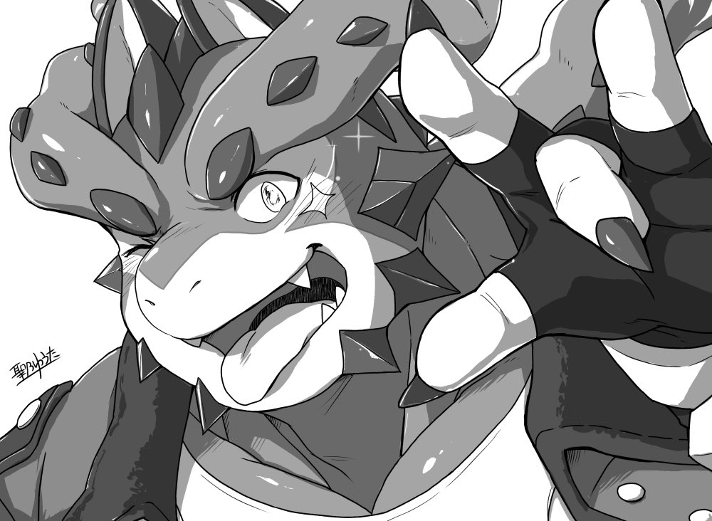 1boy, cthugha_(tokyo_houkago_summoners), fingerless_gloves, fingernails, furry, gloves, greyscale, hijirino_yuuta, looking_at_viewer, male_focus, monochrome, muscular, muscular_male, octopus_boy, one_eye_closed, sharp_fingernails, solo, sparkle, tokyo_houkago_summoners, upper_body