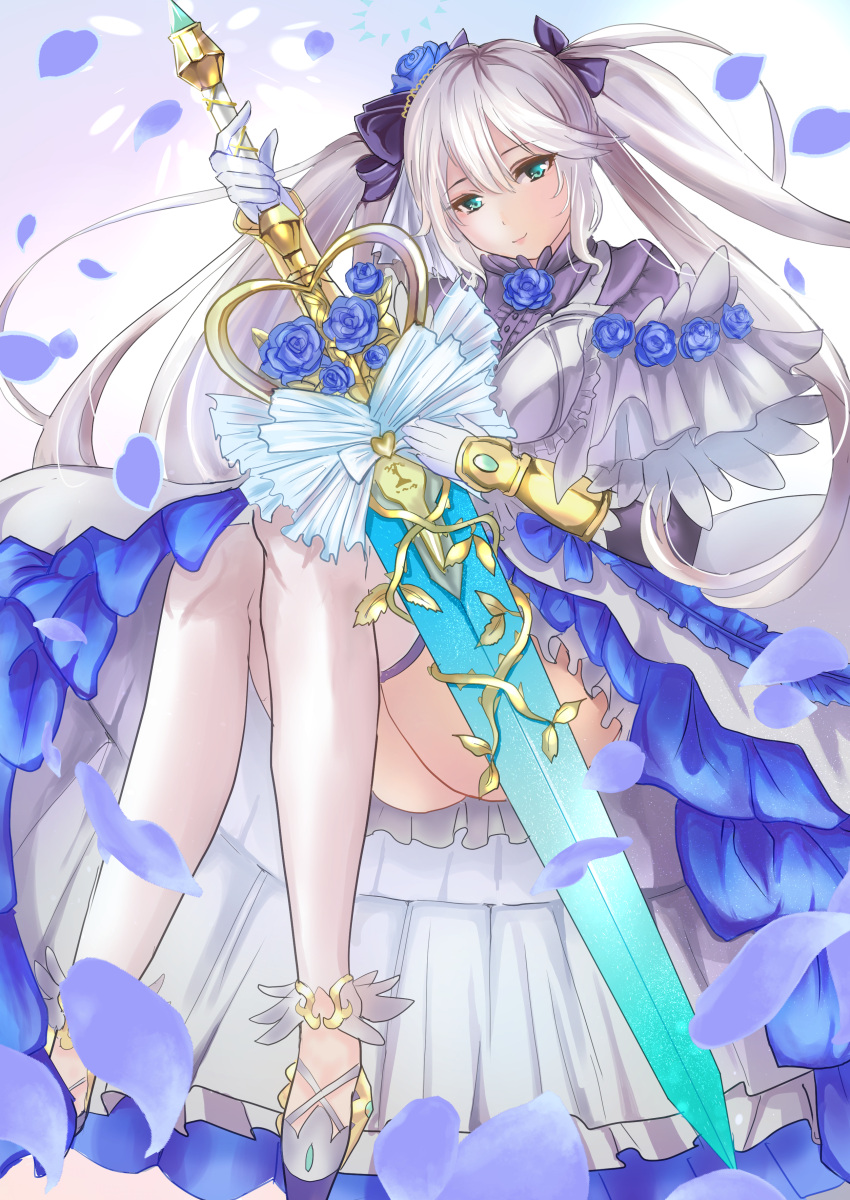 1girl, absurdres, ass, awakening_(sennen_sensou_aigis), blue_eyes, blue_flower, dress, flower, full_body, gloves, highres, holding, holding_sword, holding_weapon, mika3n, sennen_sensou_aigis, simple_background, sitting, solo, sword, sybilla, thigh-highs, twintails, weapon, white_dress, white_gloves, white_hair, white_legwear