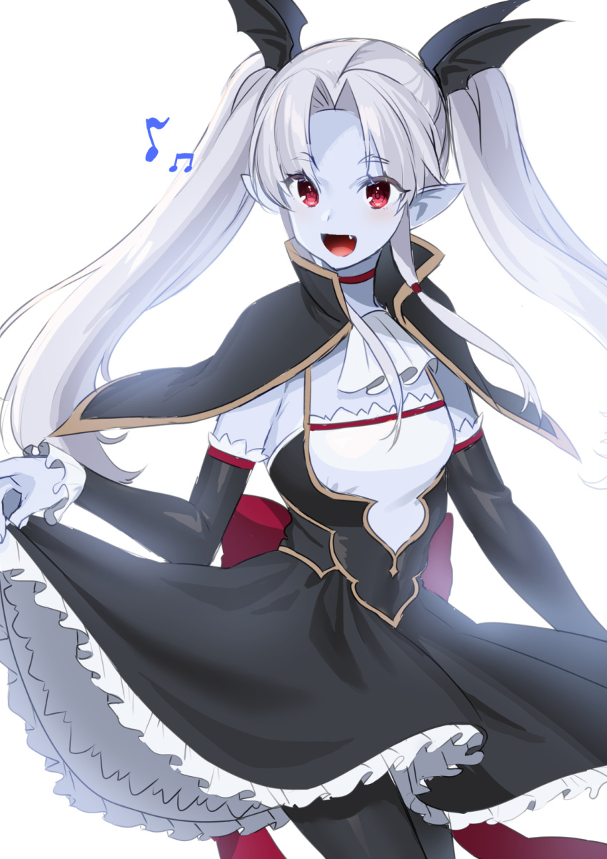 1girl, arm_warmers, beamed_eighth_notes, black_dress, black_legwear, colored_skin, dress, eden_(sennen_sensou_aigis)