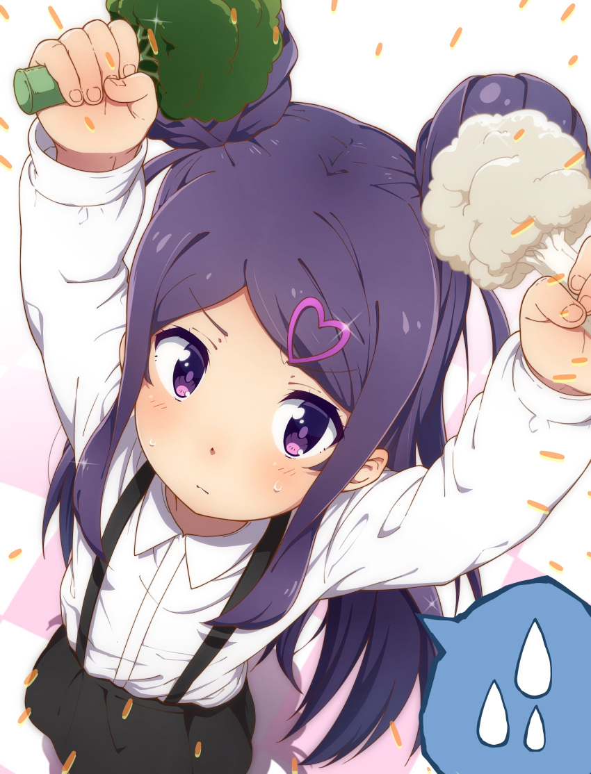1girl, absurdres, arms_up, bangs, black_skirt, blush, broccoli, cauliflower