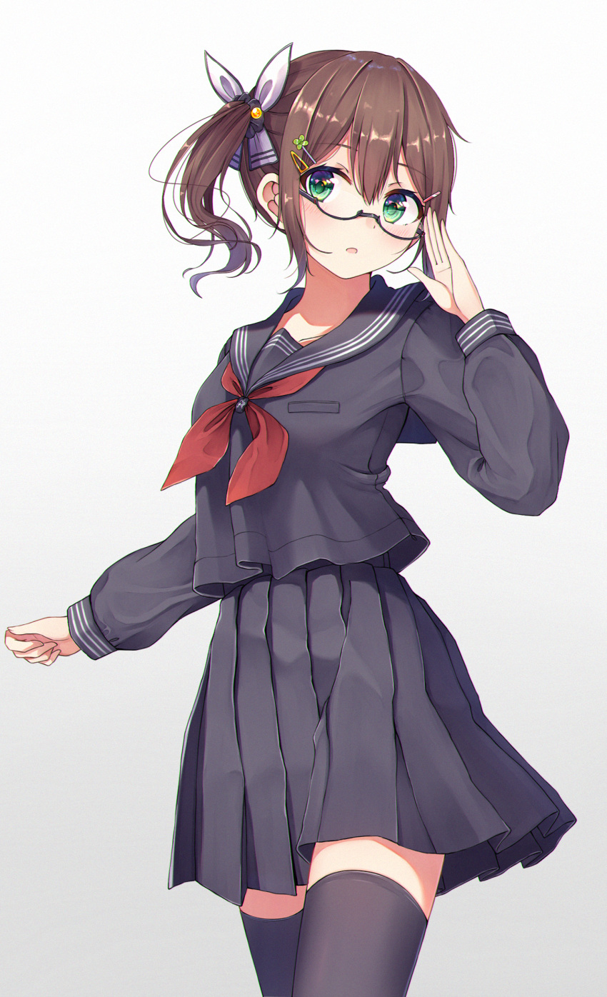 1girl, black-framed_eyewear, black_legwear, black_serafuku, black_shirt, black_skirt, bow, brown_hair