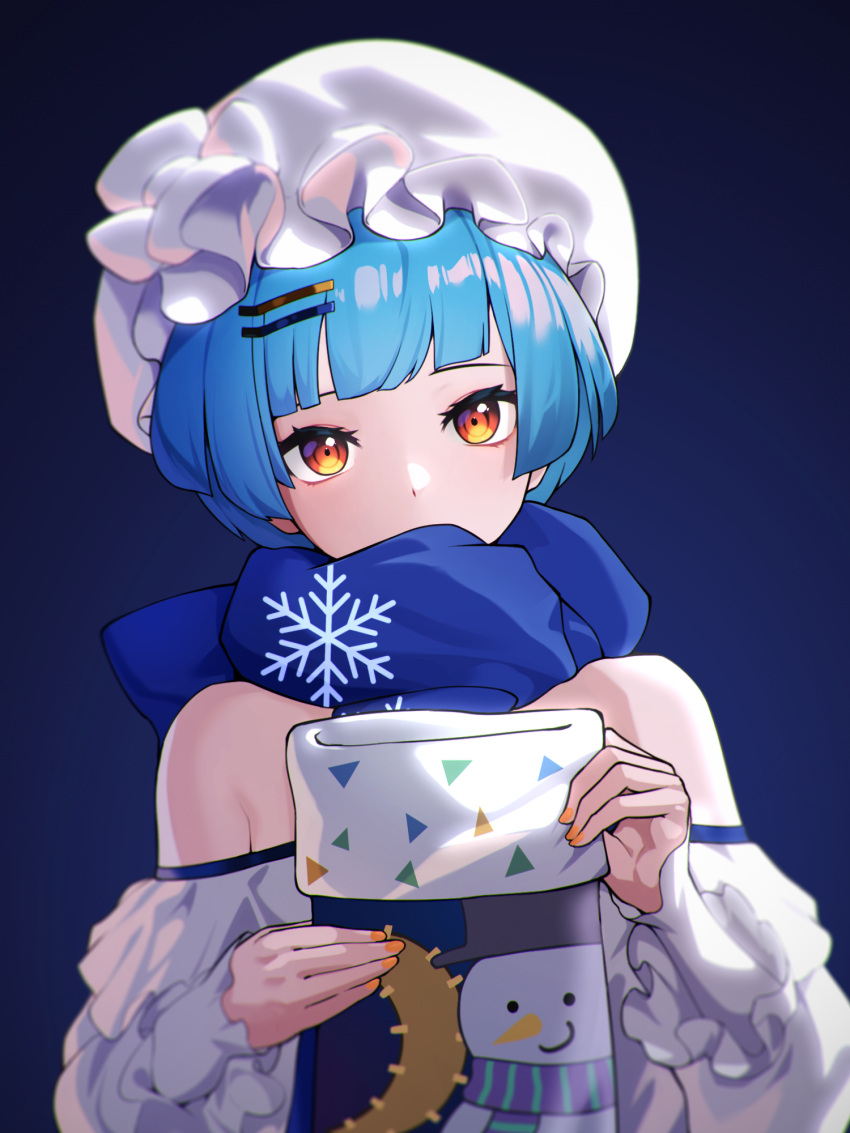 1girl, bangs, bare_shoulders, blue_background, blue_hair, blue_scarf, blunt_bangs, commentary_request