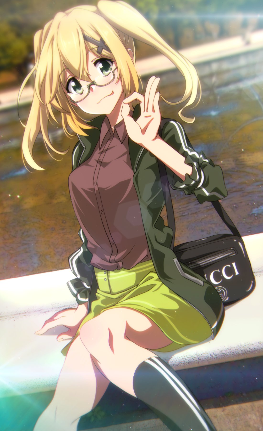 1girl, akatsuki_kirika, alternate_hairstyle, bag, blonde_hair, blush, breasts, dutch_angle