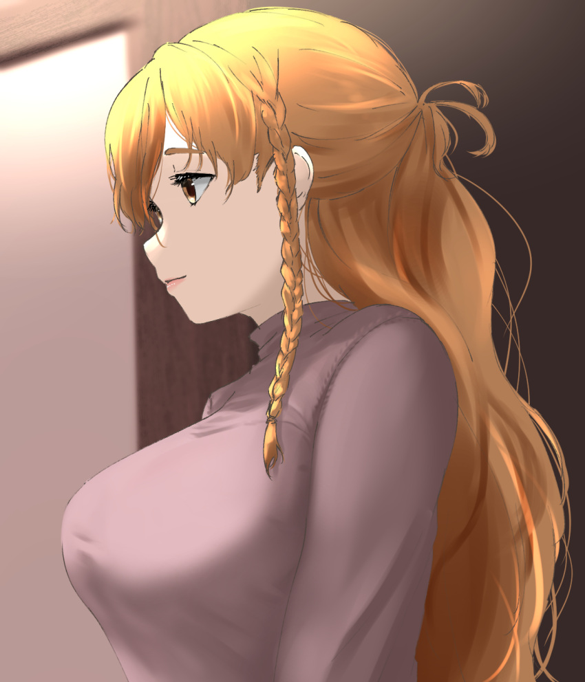 1girl, alternate_costume, blonde_hair, blush, braid, breasts, brown_eyes, commentary_request