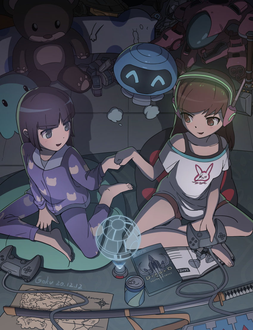 baggy_clothes, black_hair, blue_eyes, blue_pajamas, brown_eyes, brown_hair, can, cat_pajamas