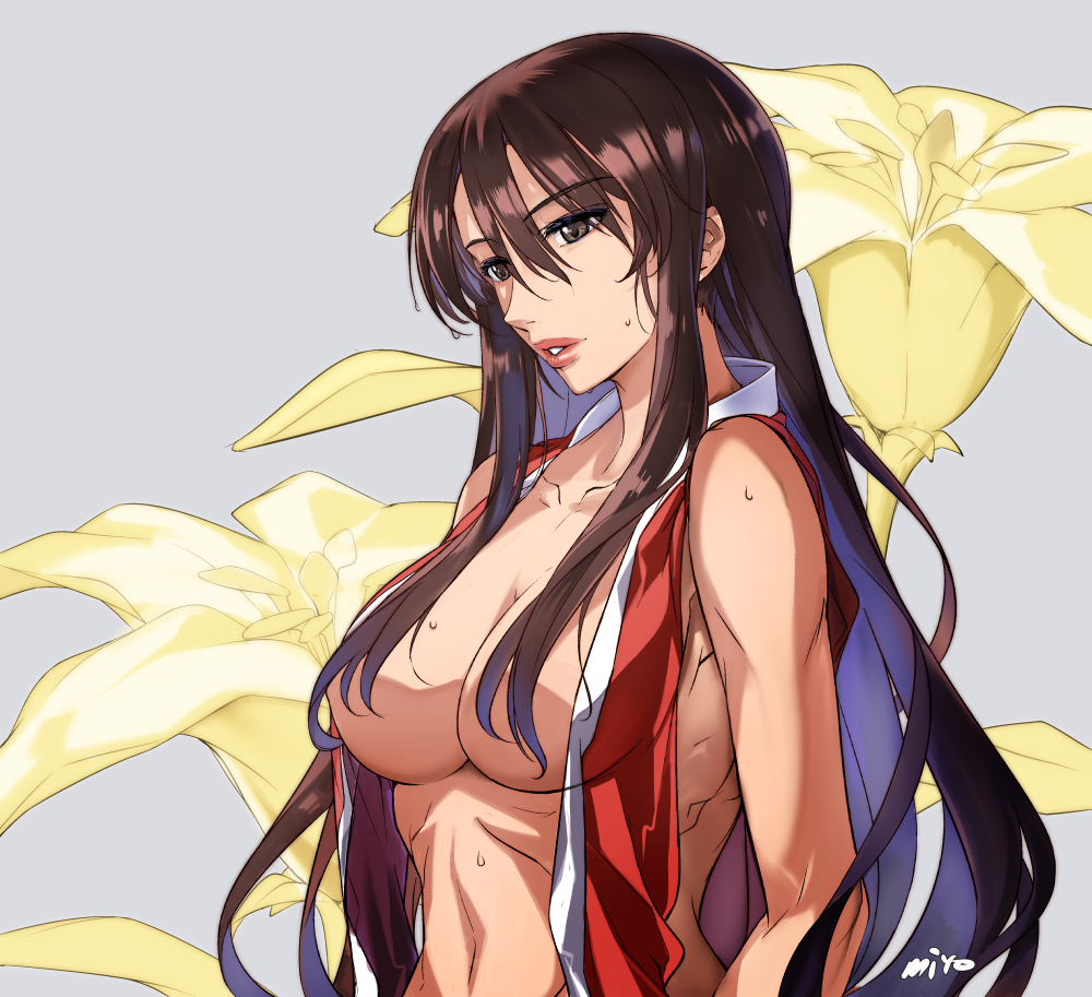 1girl, alternate_hairstyle, bangs, bare_arms, bare_shoulders, breasts, brown_eyes, brown_hair