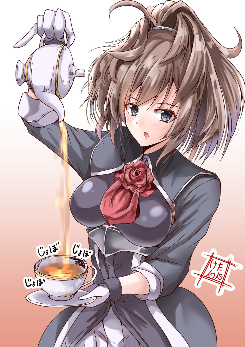 1girl, absurdres, artist_logo, ascot, blue_eyes, brown_hair, commentary_request, cowboy_shot