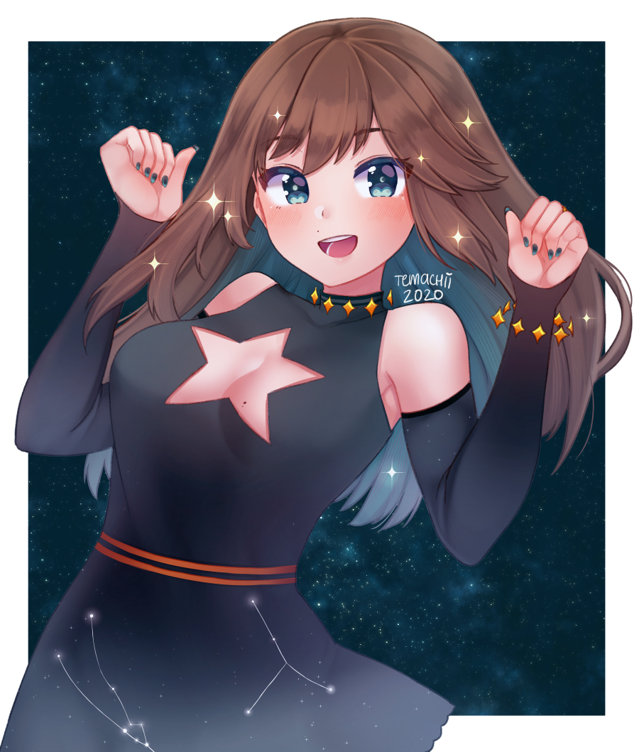 1girl, :d, bare_shoulders, black_dress, blue_eyes, blue_nails, blush, border, brown_hair, cleavage_cutout, clothing_cutout, colored_inner_hair, commentary, commission, constellation, constellation_print, crescent-shaped_pupils, dated, detached_sleeves, dress, english_commentary, fingernails, hands_up, long_hair, long_sleeves, looking_at_viewer, mole, mole_above_mouth, multicolored_hair, nail_polish, open_mouth, original, signature, sky, smile, solo, sparkle, star_(sky), star_cutout, starry_sky, symbol-shaped_pupils, temachii, white_border