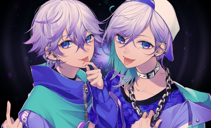 2boys, backwards_hat, baseball_cap, blue_eyes, blue_hair, blue_shirt, brothers, chain