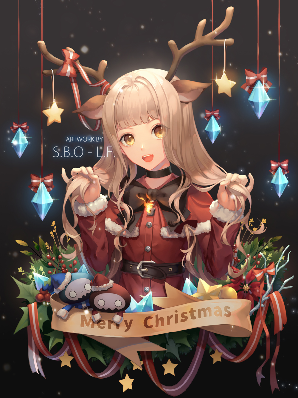 1girl, :d, animal_ears, antlers, belt, blonde_hair, bow, bowtie