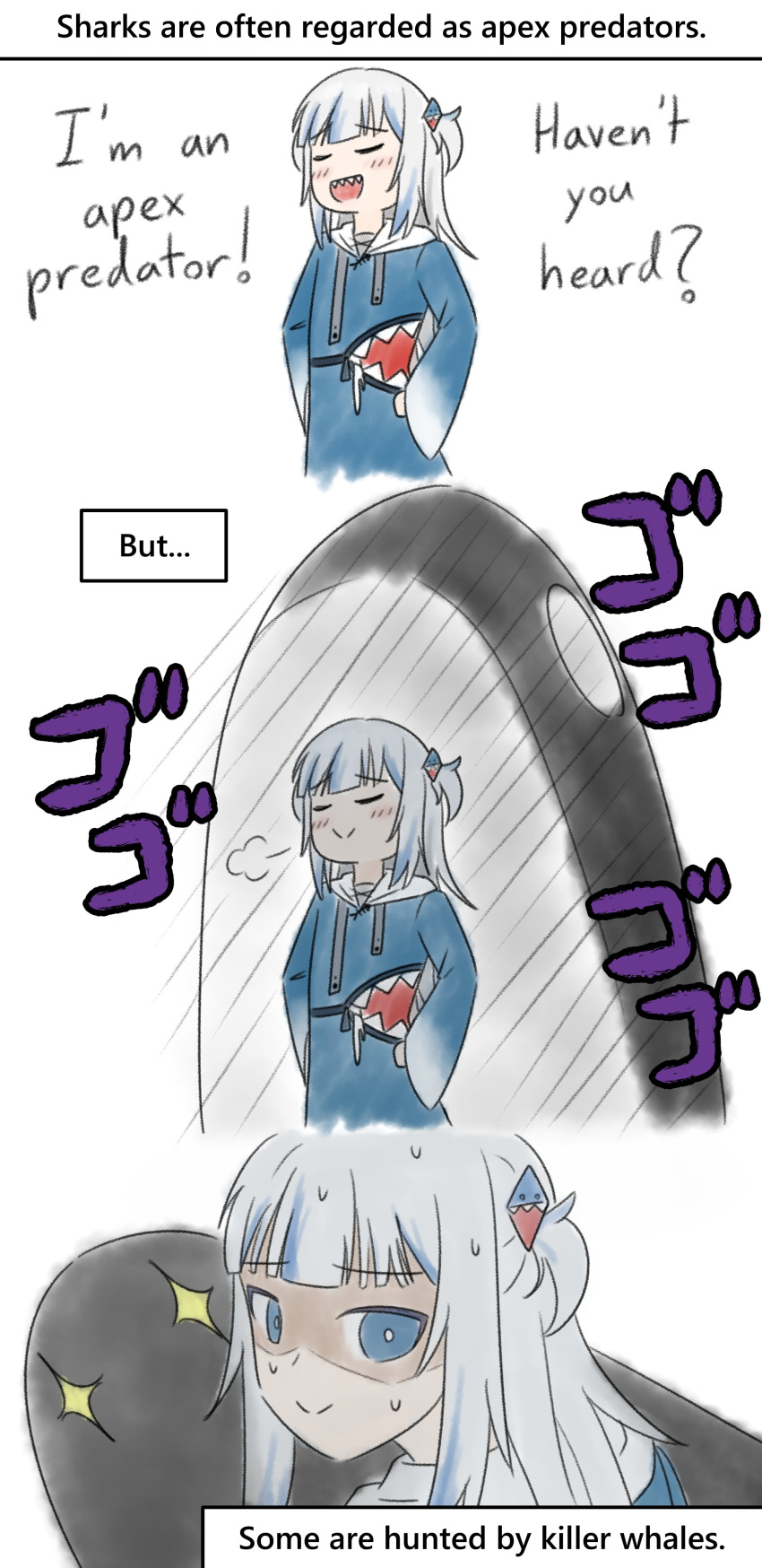 1girl, absurdres, blue_eyes, blush, gawr_gura, hair_ornament, highres, hololive, hololive_english, multicolored_hair, orca, plusburdles, sharp_teeth, smile, sweat, teeth, virtual_youtuber