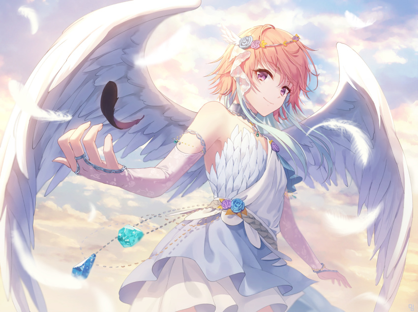 1girl, angel_wings, armlet, bangs, bare_shoulders, black_feathers, blue_flower, bridal_gauntlets, closed_mouth, collarbone, commentary_request, cowboy_shot, dress, elbow_gloves, eyebrows_visible_through_hair, feathered_wings, feathers, flower, from_side, gem, gloves, hair_ornament, halo, head_wings, idolmaster, idolmaster_cinderella_girls, long_hair, looking_at_viewer, moai_(aoh), multicolored_hair, ninomiya_asuka, orange_hair, pink_eyes, sidelocks, single_bare_shoulder, smile, solo, two-tone_hair, violet_eyes, white_dress, white_feathers, white_wings, wings