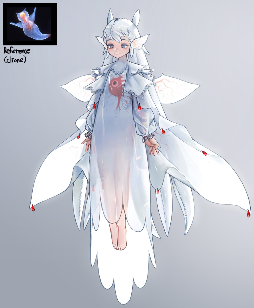1girl, barefoot, dress, extra_eyes, grey_background, grey_eyes, heart_(organ), highres