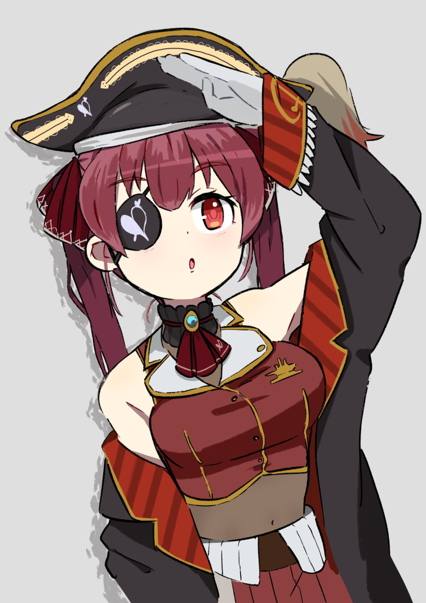 1girl, arm_up, arrow_through_heart, ascot, belt, bicorne, black_coat, black_headwear