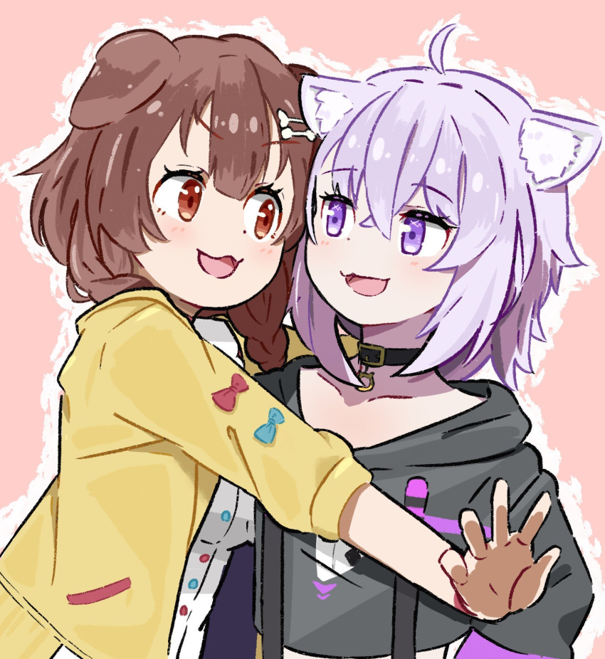 2girls, ahoge, animal_ear_fluff, animal_ears, black_collar, black_hoodie, blush, bone_hair_ornament, braid, breasts, brown_hair, cat_ears, collar, collarbone, commentary, dog_ears, donkoni, dress, eyebrows_visible_through_hair, hair_between_eyes, hair_ornament, highres, hololive, hood, hoodie, hug, inugami_korone, jacket, light_purple_hair, looking_at_another, medium_breasts, medium_hair, multiple_girls, nekomata_okayu, onigiri_print, open_mouth, outline, pink_background, red_eyes, short_hair, side_braids, simple_background, smile, twin_braids, upper_body, violet_eyes, virtual_youtuber, white_dress, yellow_jacket