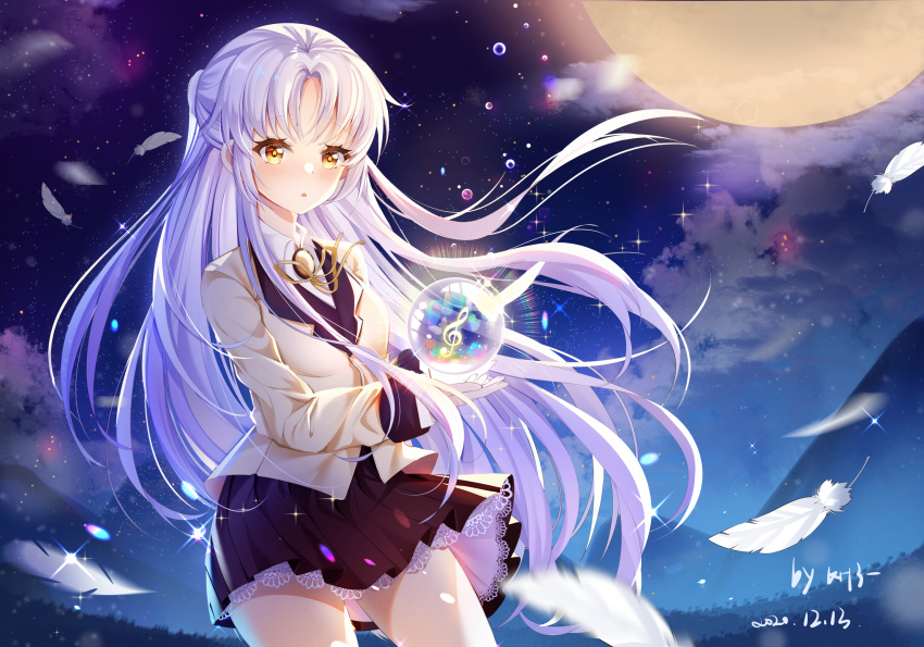 1girl, angel_beats!, black_skirt, blazer, collared_shirt, cowboy_shot, full_moon, hair_intakes