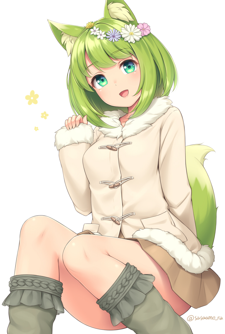 1girl, :d, animal_ear_fluff, animal_ears, bob_cut, brown_skirt, closed_mouth, coat, convenient_leg, feet_out_of_frame, flower, fox_ears, fox_tail, fur-trimmed_coat, fur_trim, green_eyes, green_fox_(sasaame), green_hair, grey_coat, grey_legwear, hair_flower, hair_ornament, hand_up, head_tilt, head_wreath, invisible_chair, long_sleeves, looking_at_viewer, medium_hair, miniskirt, open_mouth, original, pink_flower, purple_flower, sasaame, signature, simple_background, sitting, skirt, sleeves_past_wrists, smile, socks, solo, tail, twitter_username, white_background, white_flower