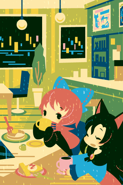 2girls, animal_ears, animal_print, black_dress, black_eyes, blue_bow, blue_dress, blush