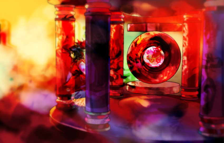 1girl, abstract_background, black_hair, column, commentary_request, floating, ghost, ghost_tail