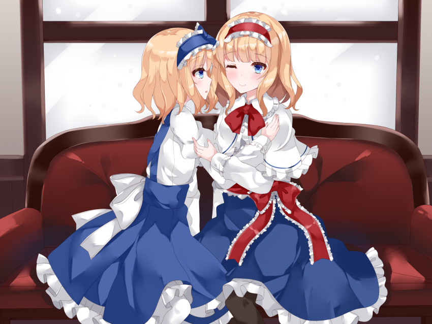 2girls, alice_margatroid, alice_margatroid_(pc-98), bangs, black_legwear, blonde_hair, blue_dress, blue_eyes, blue_skirt, capelet, couch, day, dress, eyebrows_visible_through_hair, from_side, hairband, hands_on_another's_shoulders, highres, indoors, light_blush, lolita_hairband, long_sleeves, looking_at_another, looking_at_viewer, multiple_girls, nanatuki13, on_couch, one_eye_closed, pantyhose, petticoat, profile, red_neckwear, red_ribbon, ribbon, sash, shirt, short_hair, sitting, skirt, smile, time_paradox, touhou, touhou_(pc-98), white_capelet, white_legwear, white_shirt, window, yuri