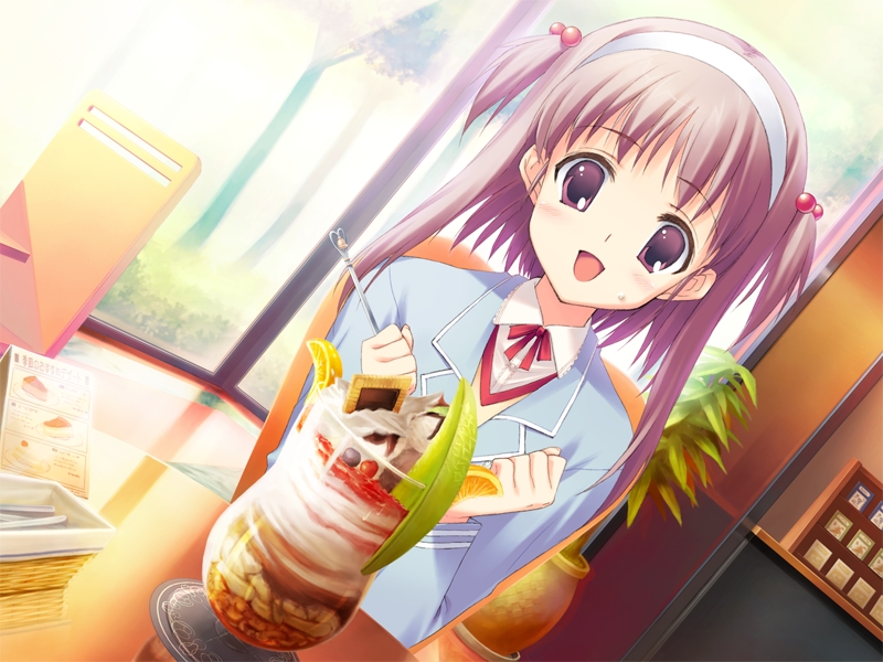 cute, food, game_cg, hairband, kawata_hisashi, nanako, nanako_(to_heart_2), purple_eyes, purple_hair, school_uniform, to_heart_2, to_heart_2_ad, violet_eyes