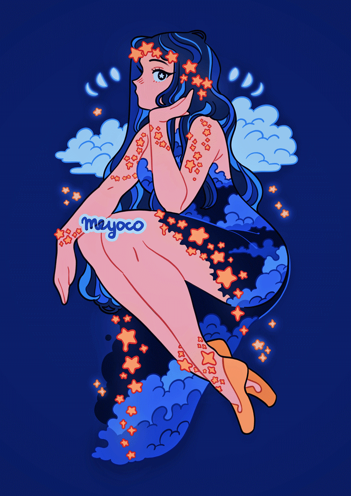 1girl, artist_name, bare_legs, blue_background, blue_hair, cloud_print, clouds, crescent_moon