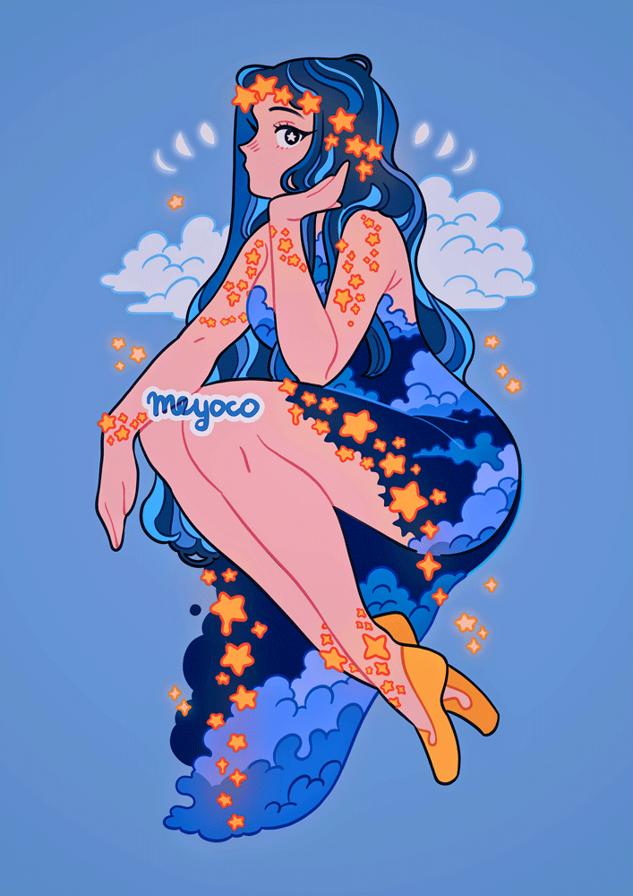 1girl, artist_name, bare_legs, blue_background, blue_hair, cloud_print, clouds, crescent_moon