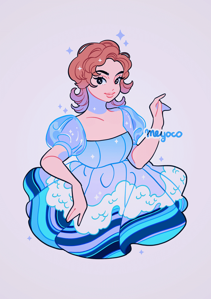 1girl, artist_name, black_eyes, blue_dress, brown_hair, cropped_torso, dress, hand_up, irma_lair, medium_hair, meyoco, print_dress, puffy_short_sleeves, puffy_sleeves, short_sleeves, simple_background, smile, solo, sparkle, upper_body, w.i.t.c.h., white_background