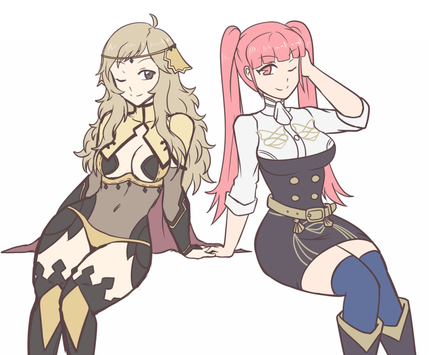 2girls, ahoge, belt, blonde_hair, bridal_gauntlets, closed_mouth, desk, fire_emblem, fire_emblem:_three_houses, fire_emblem_fates, garreg_mach_monastery_uniform, grey_eyes, hayato_stuff, highres, hilda_valentine_goneril, holding_hands, looking_at_another, multiple_girls, on_desk, one_eye_closed, ophelia_(fire_emblem), pink_eyes, sitting, sitting_on_desk, twintails